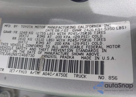 2007 Toyota Tacoma Prerunner V6 z USA, uszkodzony, nr VIN 5TEJU62N97Z468730